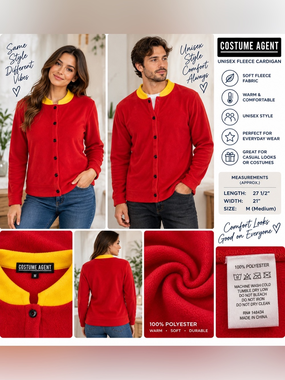 Costume Agent Unisex Red Yellow Fleece Cardigan Jacket Size M NWT Costume